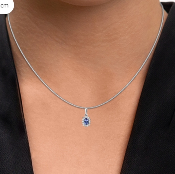 Tanzanite Natural White Zircon Halo Pendant Platinum over .925 Silver - Picture 10 of 16